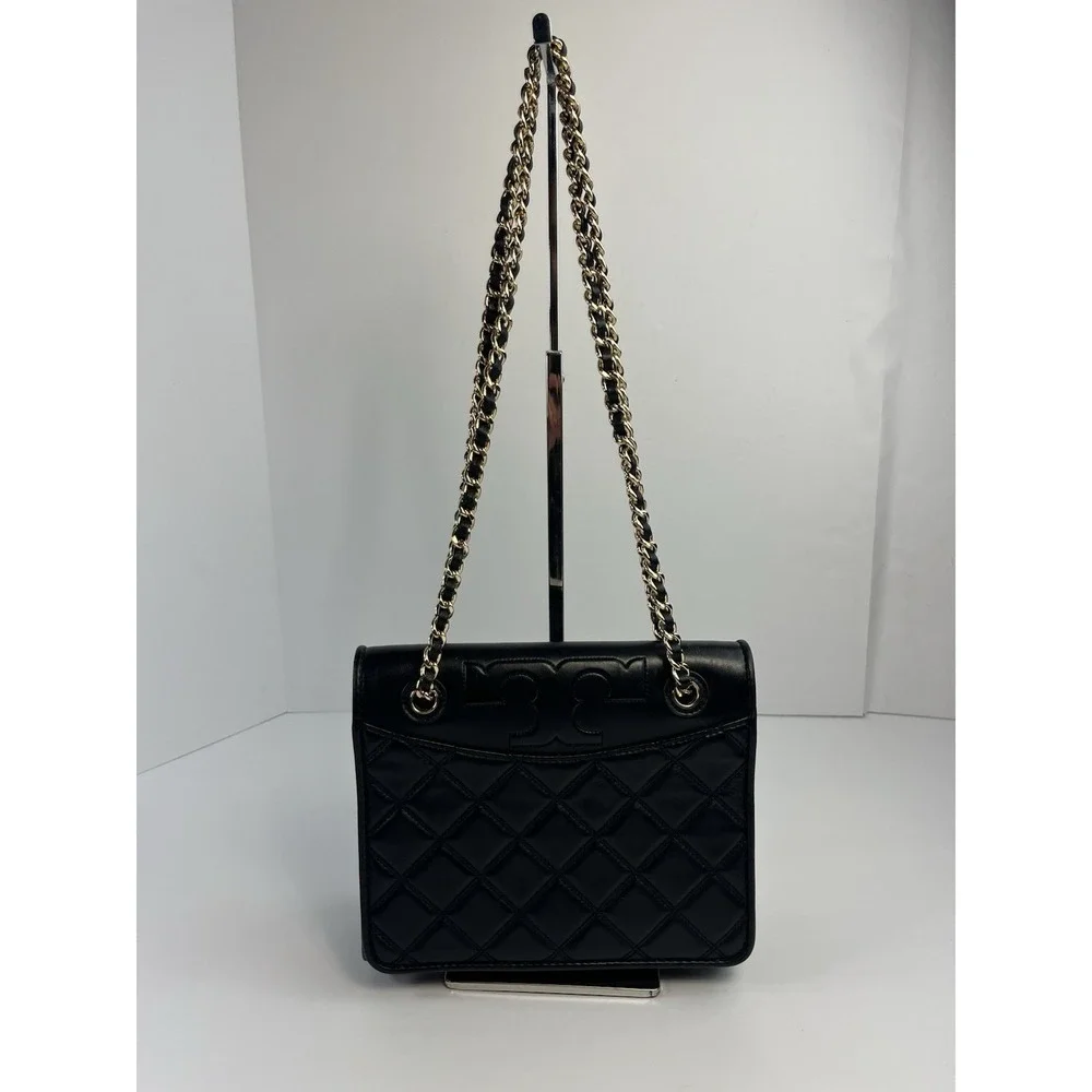 TORY BURCH Black Quilted Leather SAVANNAH Small Flat Chain Strap Tote Bag